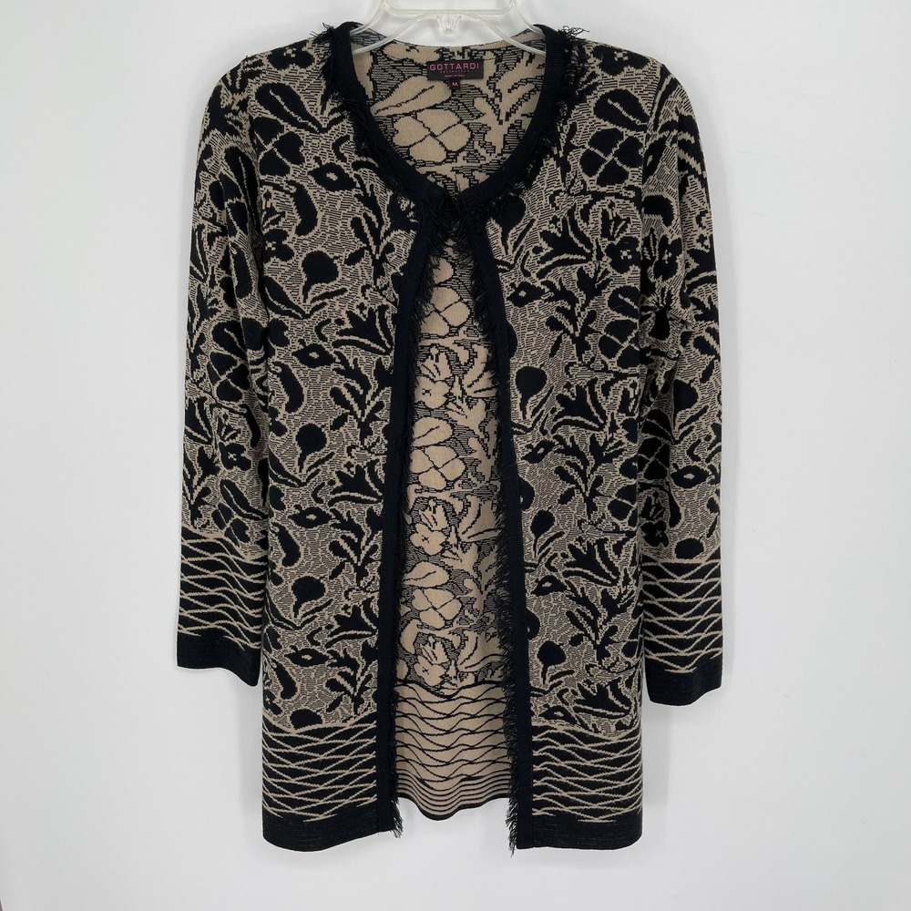 Gottardi Women's Tan Black Floral Jacquard Open Front Cardigan Sweater Size M